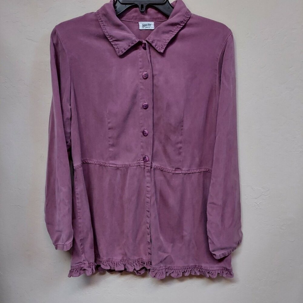Heaven Womens Small Tencel Button Front Ruffle Hem Shirt Purple Long Sleeve USA
